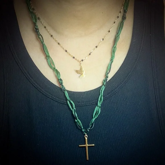 NEW Emerald Green&Black HandWoven Cotton Rope w Enamel Beaded Chain w Dove - Picture 3 of 3